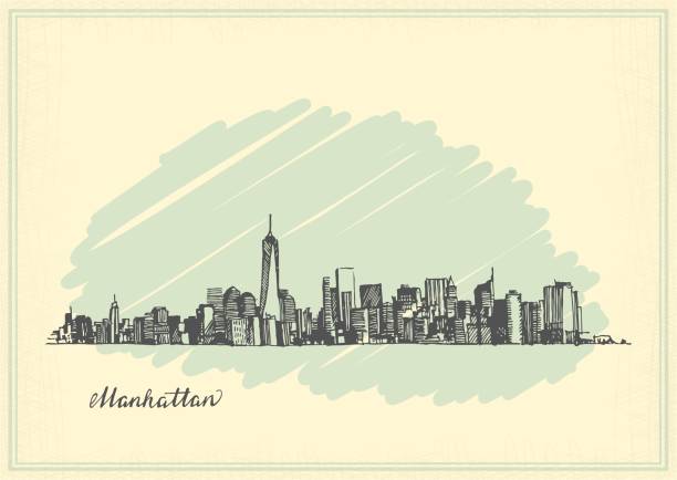 illustrazioni stock, clip art, cartoni animati e icone di tendenza di cartolina vintage con schizzo di manhattan new york - new york city skyline silhouette manhattan