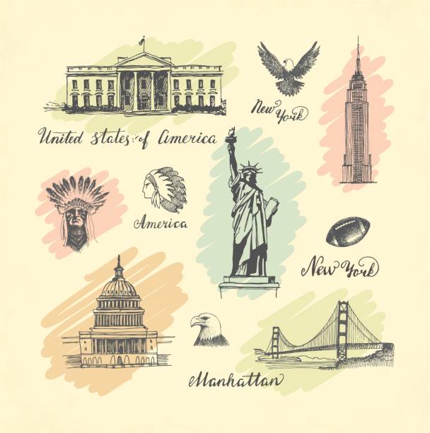 Sketches of symbols of the USA Sketches of architectural and historical symbol of the United States famous american landmark drawing stock illustrations