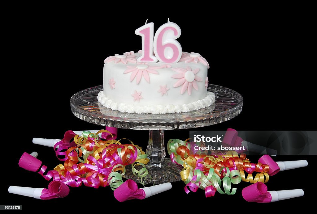 Sweet Sixteen Cake A "Sweet Sixteen" birthday cake decorated with pink and white fondant daisies. Anniversary Stock Photo