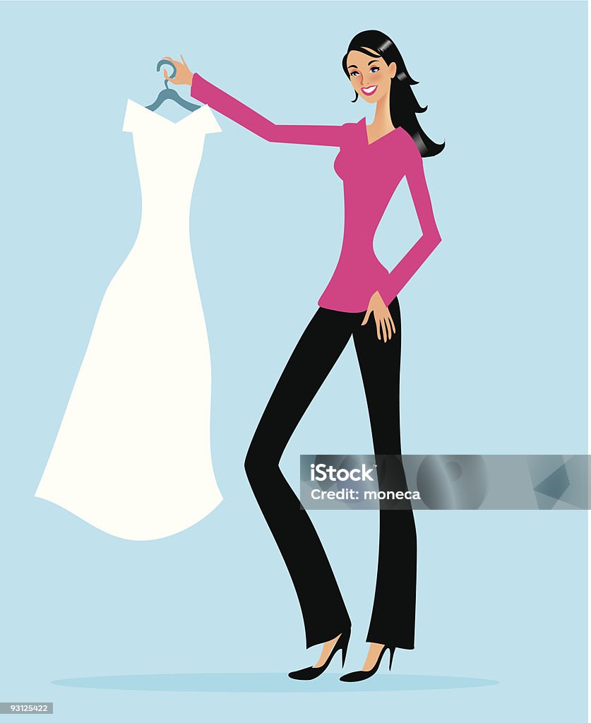 Cartoon Woman Holding Dress on White Hanger Woman looking at white dress. Adult stock vector