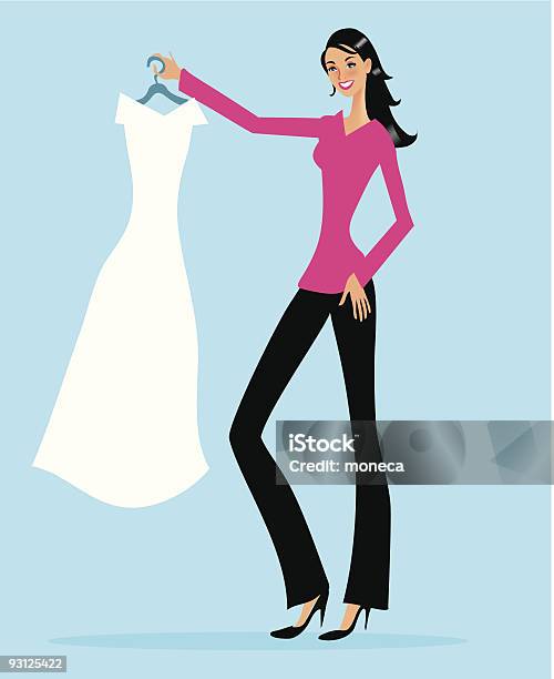 Cartoon Woman Holding Dress On White Hanger Stock Illustration - Download Image Now - Adult, Brown Hair, Color Image