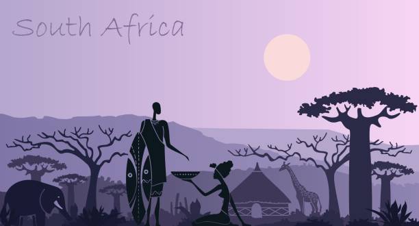 Background with landscape of South Africa with animals, a warrior and a woman Sunset in Africa with the silhouettes of elephant, giraffe, national home and native african warriors stock illustrations