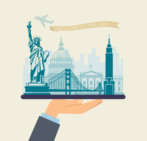 istock Welcome to USA. Attractions of USA on a tray 931257112