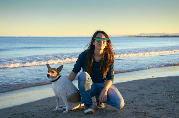 giovane donna con i suoi cani su una spiaggia - podenco foto e immagini stock