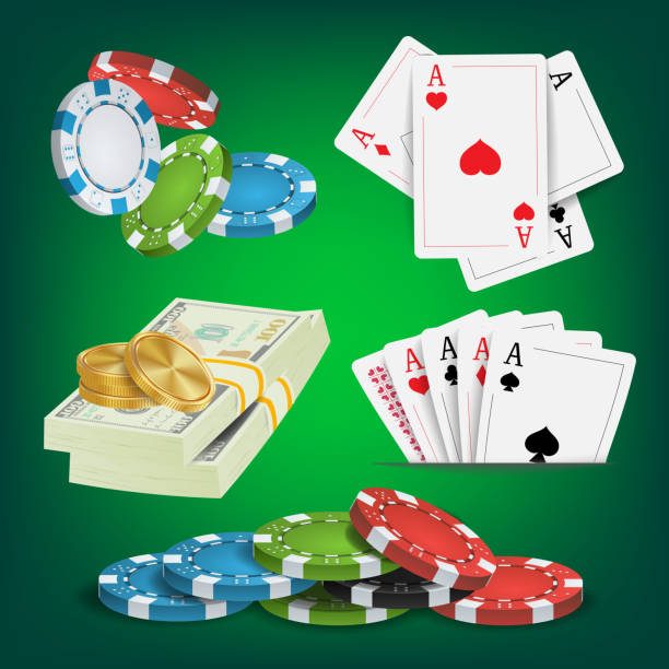 istock Poker Design Elements Vector. Money Stacks, Chips, Playing Gambling Cards. Royal Casino Retro Poker Club Illustration 931258900
