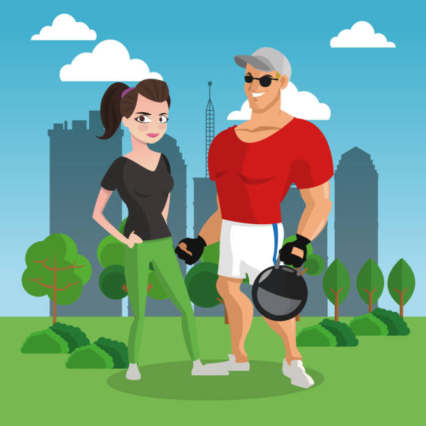 ilustrações, clipart, desenhos animados e ícones de casal de aptidão no cartoon do parque - kettle bell sport women muscular build