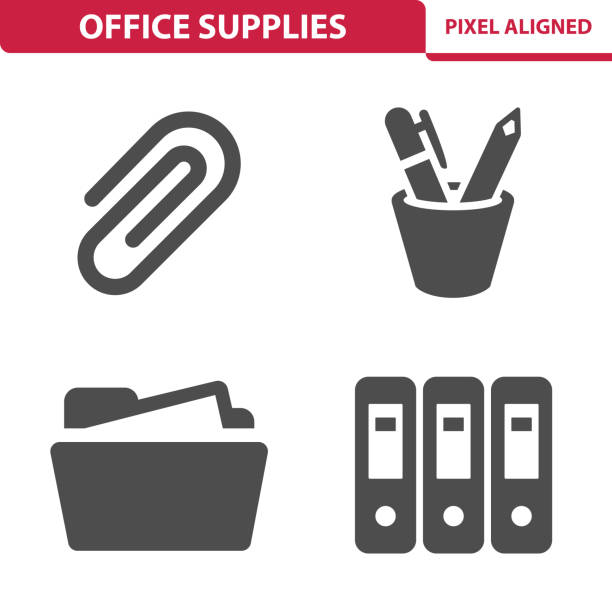 Office Supplies Icons Professional, pixel aligned icons depicting various workplace, job and office concepts. manila folder and paper clip stock illustrations