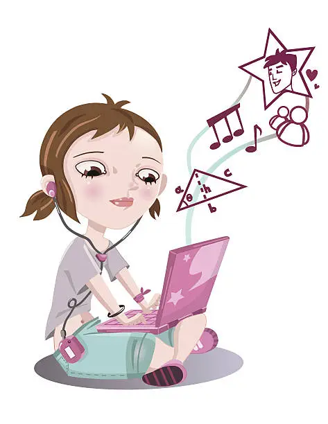 Vector illustration of Teen girl with a laptop