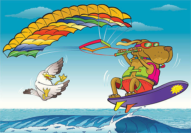 Kite Surfing Dog Flying freely, the big sensation of being  a bird. dog splashing stock illustrations