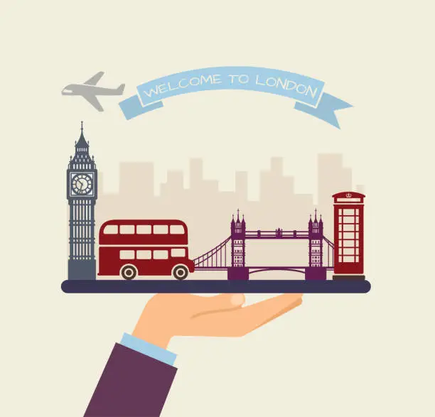 Vector illustration of Welcome to London. Attractions of London on a tray