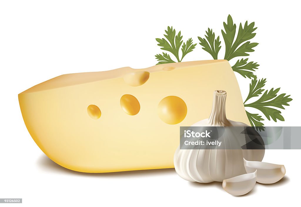 Formaggio con aglio e prezzemolo. - arte vettoriale royalty-free di Aglio - Alliacee