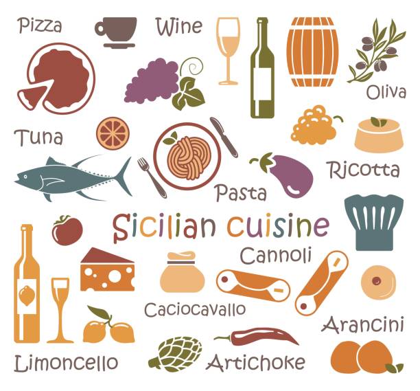 illustrazioni stock, clip art, cartoni animati e icone di tendenza di cucina siciliana. set di icone di cibo e prodotti - spaghetti crudi