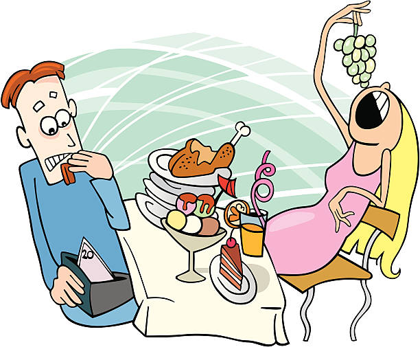 guy und gluttonous mädchen in restaurant - wallet couple stock-grafiken, -clipart, -cartoons und -symbole