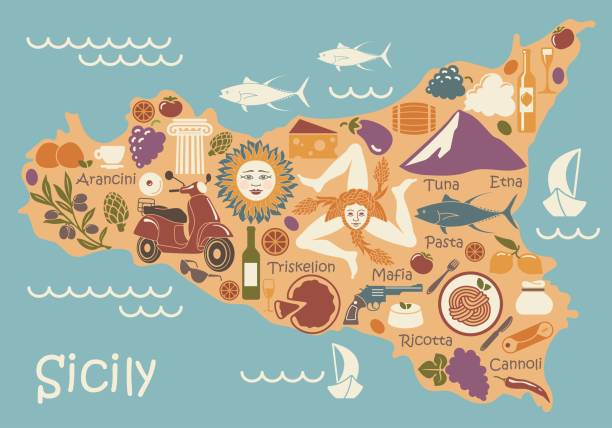 ilustrações de stock, clip art, desenhos animados e ícones de stylized map of sicily with traditional symbols - italy map vector sicily