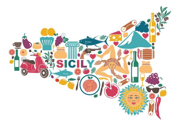 ilustraciones, imágenes clip art, dibujos animados e iconos de stock de mapa estilizado de sicilia con los símbolos tradicionales - croquetas