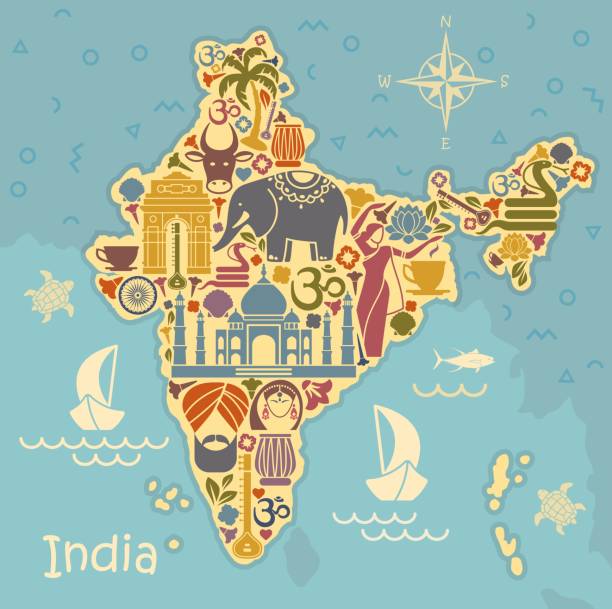 ilustrações, clipart, desenhos animados e ícones de símbolos tradicionais da índia sob a forma de um mapa de stilized - india map cartoon travel