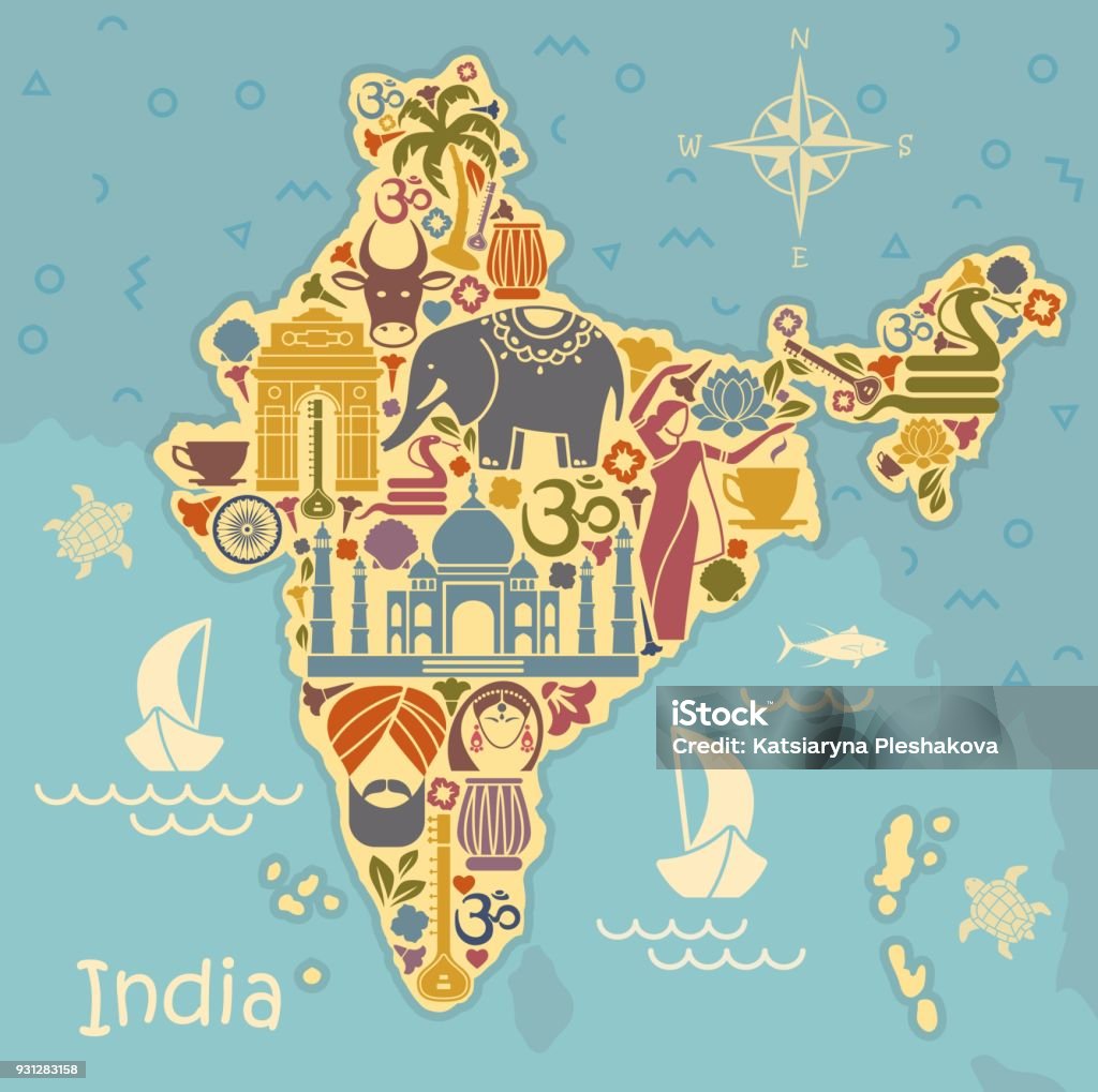 Traditional symbols of India in the form of a stilized map Map of India with icons. Traditional symbols of culture and architecture of India India stock vector