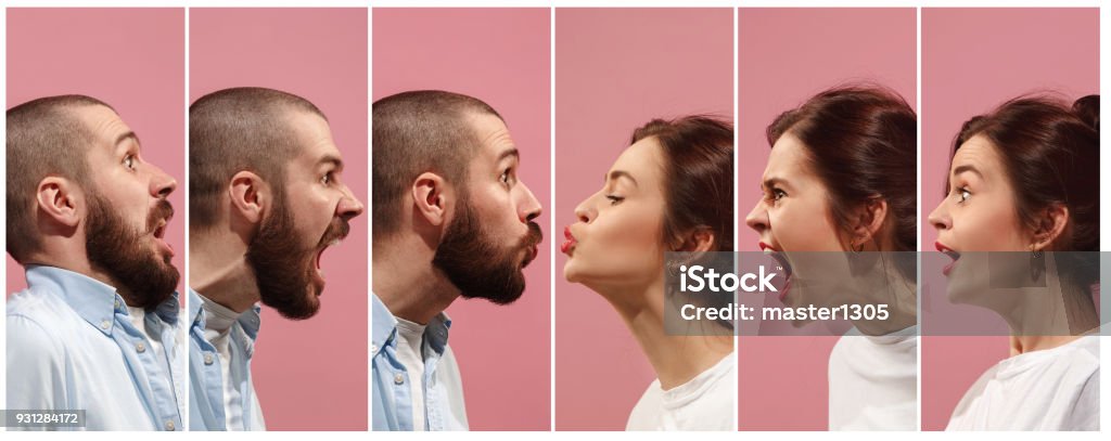 The collage of different human facial expressions, emotions and feelings The collage of different human facial expressions, emotions and feelings of young man and woman. The man and woman in profile isolated on pink studio background. Human emotions, facial expression concept. Shouting Stock Photo