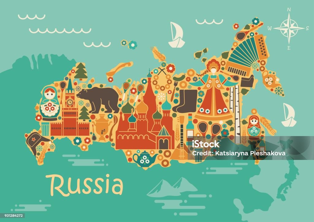 A stylized map of Russia with the symbols of culture and nature A stylized map of Russia with traditional Russian symbols Russia stock vector
