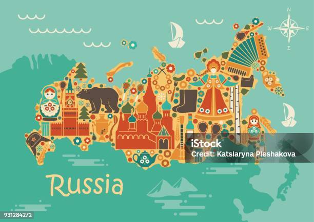 A Stylized Map Of Russia With The Symbols Of Culture And Nature Stock Illustration - Download Image Now