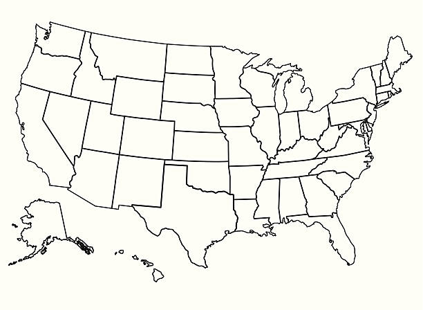 United States of America Detailed vector map of the United States. Each State is it's own shape and can be colored to your preference. Excellent for political elections data. black and white map of united states stock illustrations