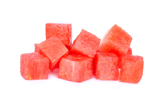 cube of red watermelon isolated on white background