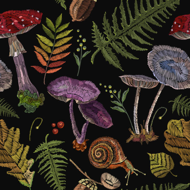 Embroidery mushrooms seamless pattern, berries, autumn leaves, seamless pattern. Nature embroidery template for clothes, textiles, t-shirt design vector art illustration