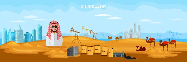 Vector illustration of Oil production in Arab countries banner, arab men exploration and production of oil sheiks in desert