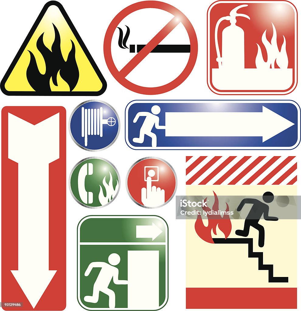 Pożar i Oznakowane wyjścia awaryjne - Grafika wektorowa royalty-free (Gaśnica)
