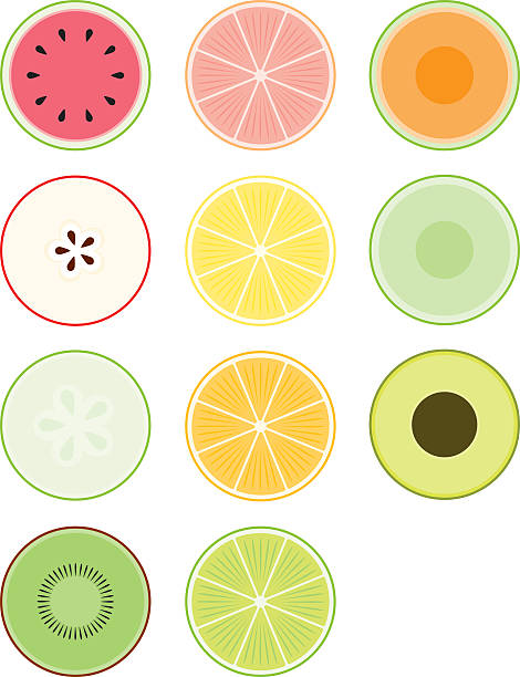 ilustraciones, imágenes clip art, dibujos animados e iconos de stock de secciones transversales de alimentos - fruit apple orange lemon