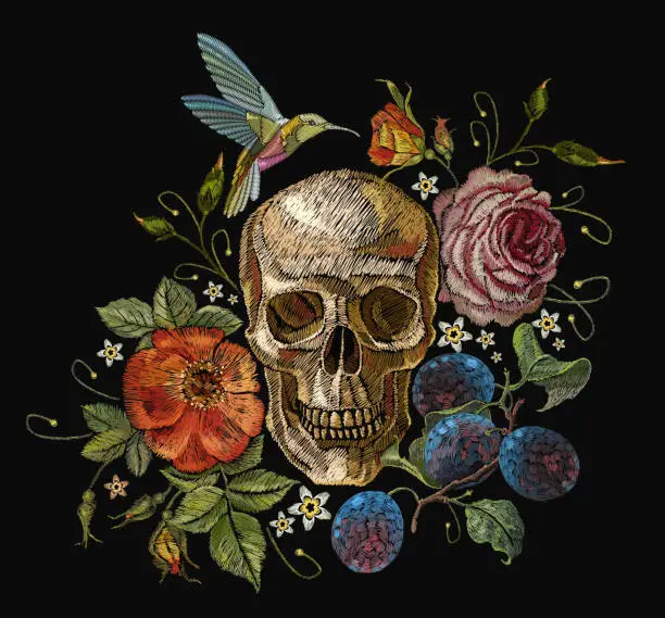 Vector illustration of Embroidery skull and roses, grapes, humming bird and flowers. Dia de muertos art, day of the dead. Gothic embroidery human skulls and red roses, clothes template and t-shirt design