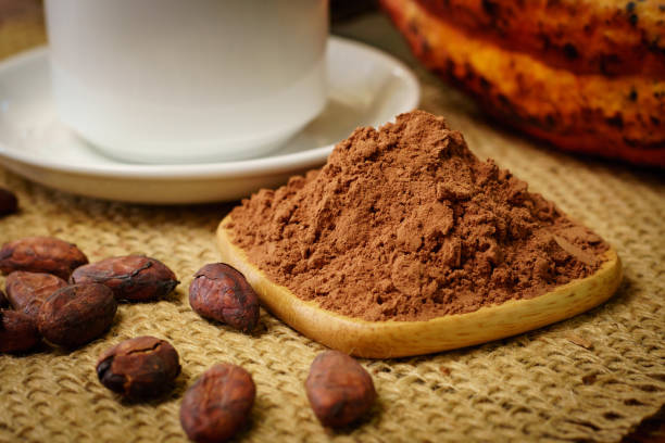 istock Cacao powder near white cup, raw cocoa fruit, cacao beans 931299986