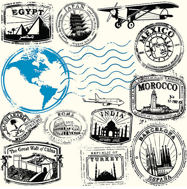 ilustraciones, imágenes clip art, dibujos animados e iconos de stock de aventura lo espera - sellos