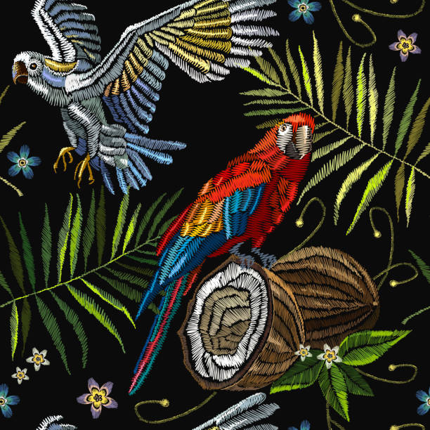 illustrations, cliparts, dessins animés et icônes de fond de broderie à la mode de l’été tropical. modèle pour la conception de vêtements. laisse perroquet de broderie, humming bird, palmier, ananas, tropical modèle transparente de noix de coco - tree bird flower pattern