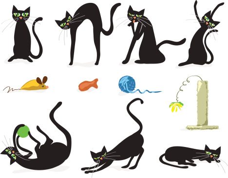 Icon Set Of Black Cats And Colorful Cat Toys Stock Illustration - Download  Image Now - Scratching Post, Animal, Black Color - iStock