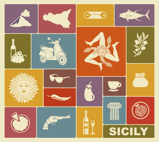 stockillustraties, clipart, cartoons en iconen met set van pictogrammen op een thema van sicilië - sicilië