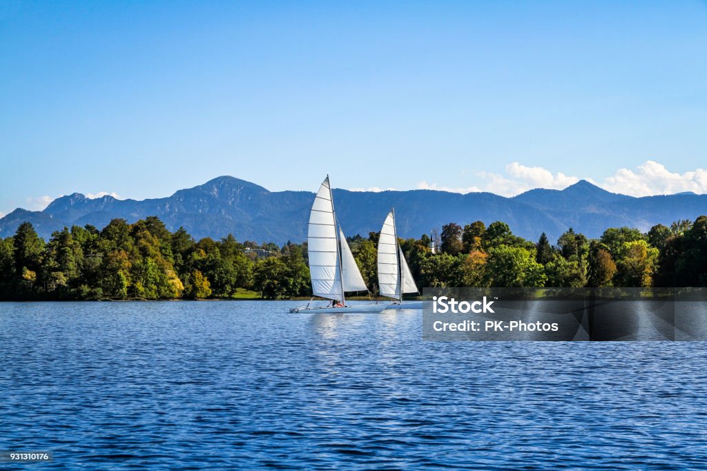 Sailing on Lake Staffelsee, Upper Bavaria, Germany Lake Stock Photo