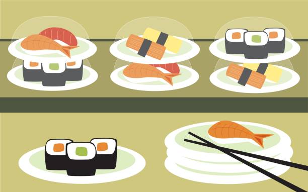 sushi bar - sushi california roll salmon sashimi stock illustrations