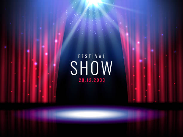 scena teatralna z czerwoną kurtyną i świątecznym szablonem vector z oświetleniem i sceną. projekt plakatu na koncert, teatr, imprezę, taniec, imprezę, pokaz. dekoracja iluminacji i scenerii - film impreza rozrywkowa obrazy stock illustrations