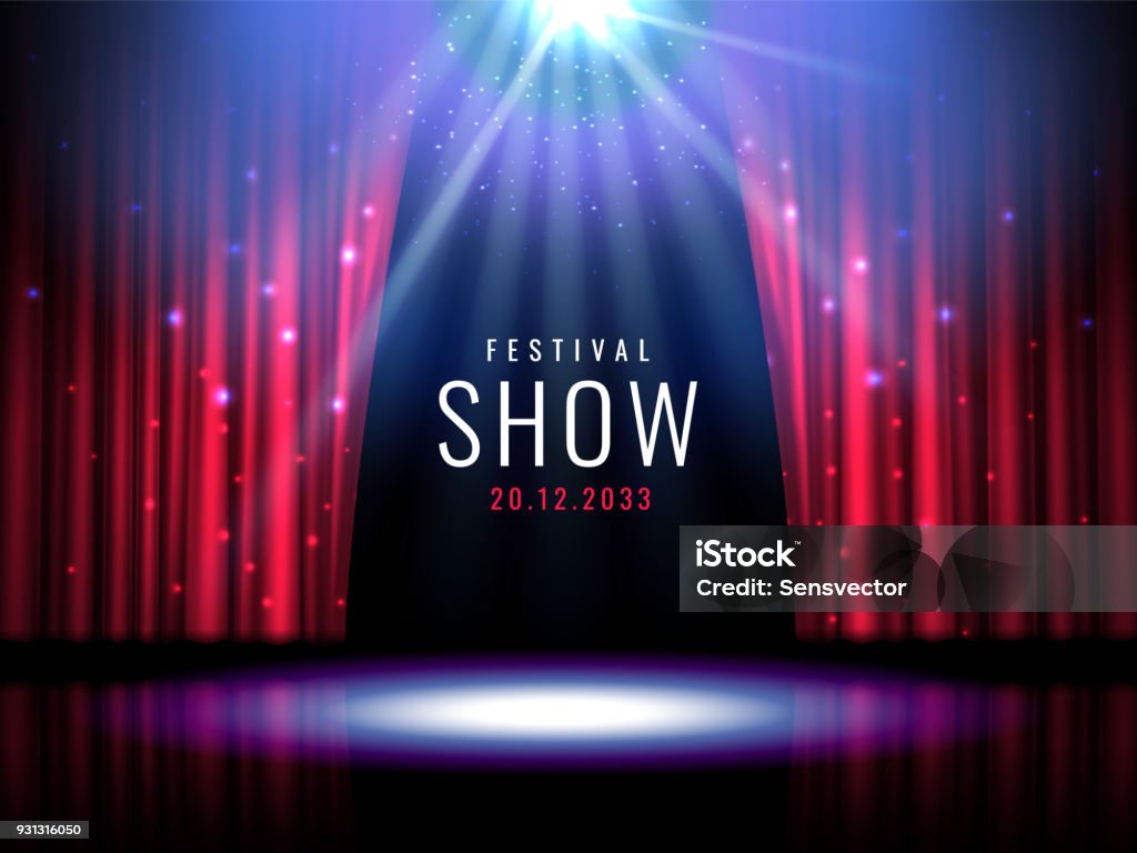 Theater stage with red curtain and spotlight Vector festive template with lights and scene. Poster design for concert, theater, party, dance, event, show. Illumination and scenery decoration Theater stage with red curtain and spotlight Vector festive template with lights and scene. Poster design for concert, theater, party, dance, event, show. Illumination and scenery decoration. Stage - Performance Space stock vector