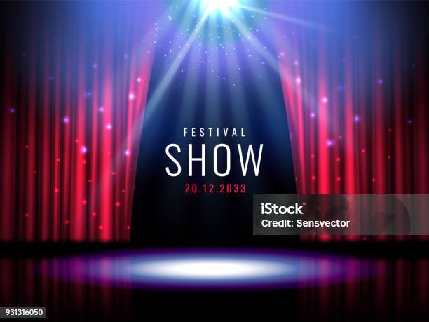Theater Stage With Red Curtain And Spotlight Vector Festive Template With Lights And Scene Poster Design For Concert Theater Party Dance Event Show Illumination And Scenery Decoration Stock Illustration - Download Image Now