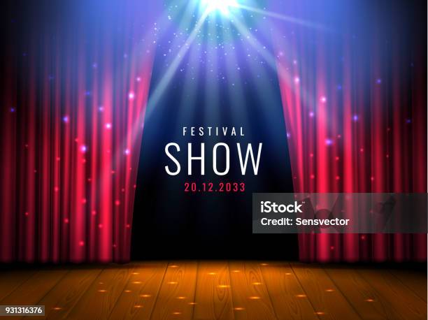 Theater Wooden Stage With Red Curtain And Spotlight Vector Festive Template With Lights And Scene Poster Design For Concert Theater Party Dance Event Show Illumination And Scenery Decoration Stock Illustration - Download Image Now