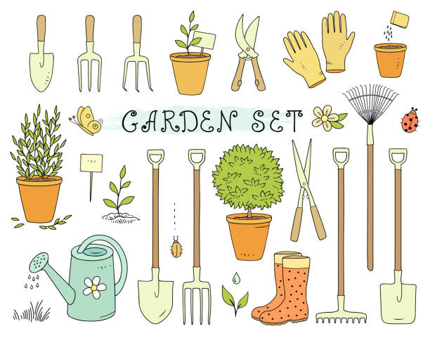 illustrations, cliparts, dessins animés et icônes de ensemble coloré de matériels de jardinage - ripper