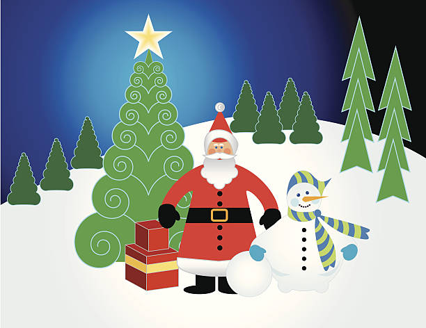 ilustrações de stock, clip art, desenhos animados e ícones de santa e paisagem de natal com boneco de neve - belt men gift night