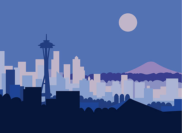 Artist impression of Seattle at night  Seattle skyline and Mt Rainer against moonlit sky. mt rainier stock illustrations