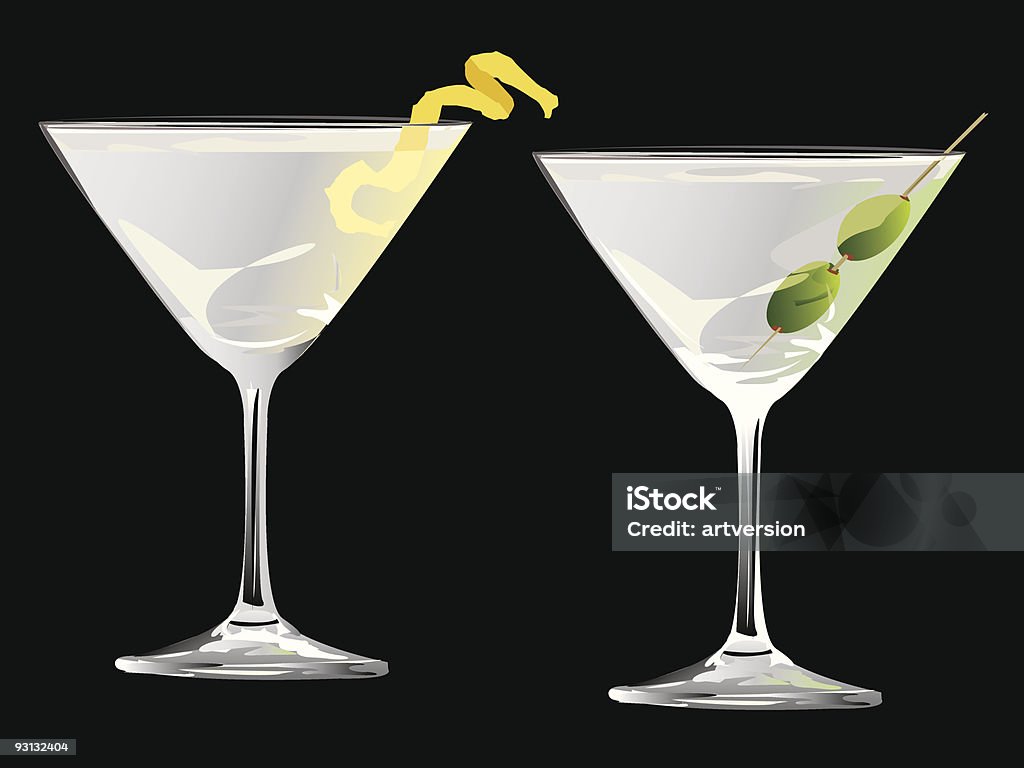 Copas de Martini con oliva y limón piel - arte vectorial de Bebida libre de derechos