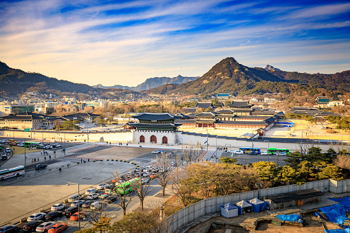 Aerial view of Gyeongbok palace and the Blue House in Seoul city, South Korea
