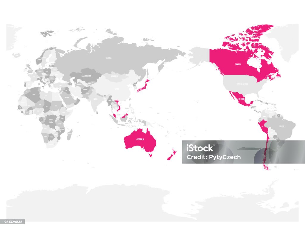 Map of Comprehensive and Progressive Agreement for Trans-Pacific Partnership, CPTPP or TPP11. Pink highlighted member states. Vector illustration Map of Comprehensive and Progressive Agreement for Trans-Pacific Partnership, CPTPP or TPP11. Pink highlighted member states. Vector illustration. Map stock vector