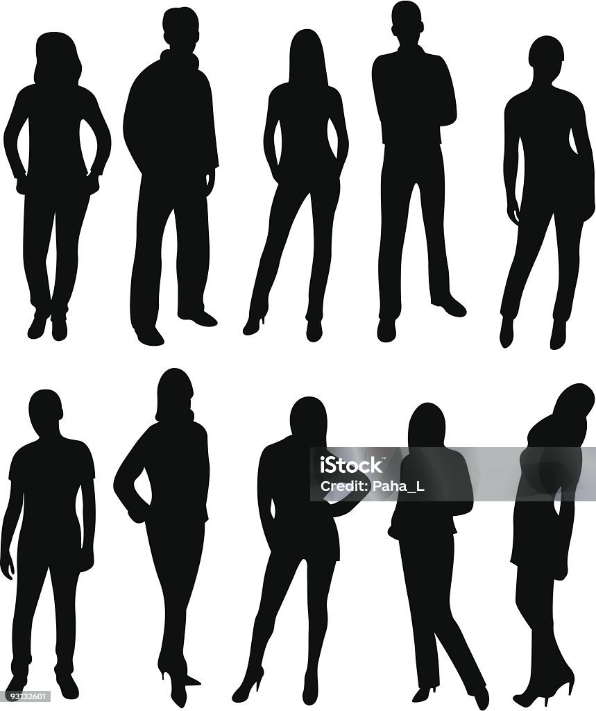 Black silhouettes of ten different people's full bodies  vector people silhouette Adult stock vector