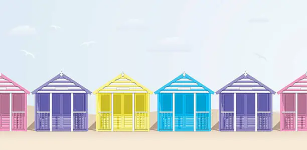 Vector illustration of Row of Beach Huts in sherbet colours